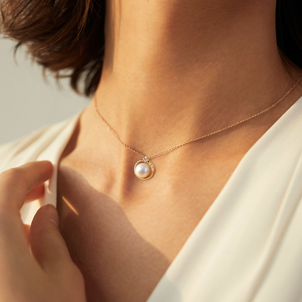 14K Pearl Diamonds Pendant Necklace For Women Solid Gold  in Pearl Jewelry