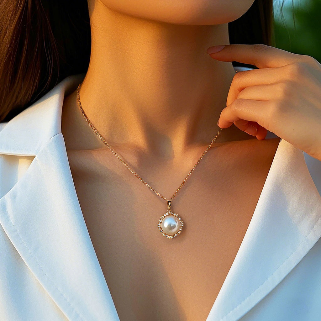 Pearl White Natural Freshwater 8-9mm Pearl Pendants Necklaces 14K Solid Gold Plated Flower Diamonds Choker Chain