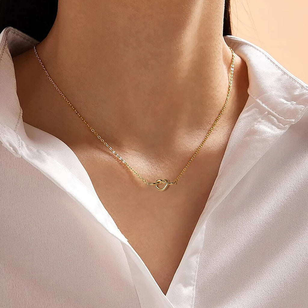Love Knot Necklace 14K Gold Plated, Heart Knot Pendant Simple Style Cute Necklace