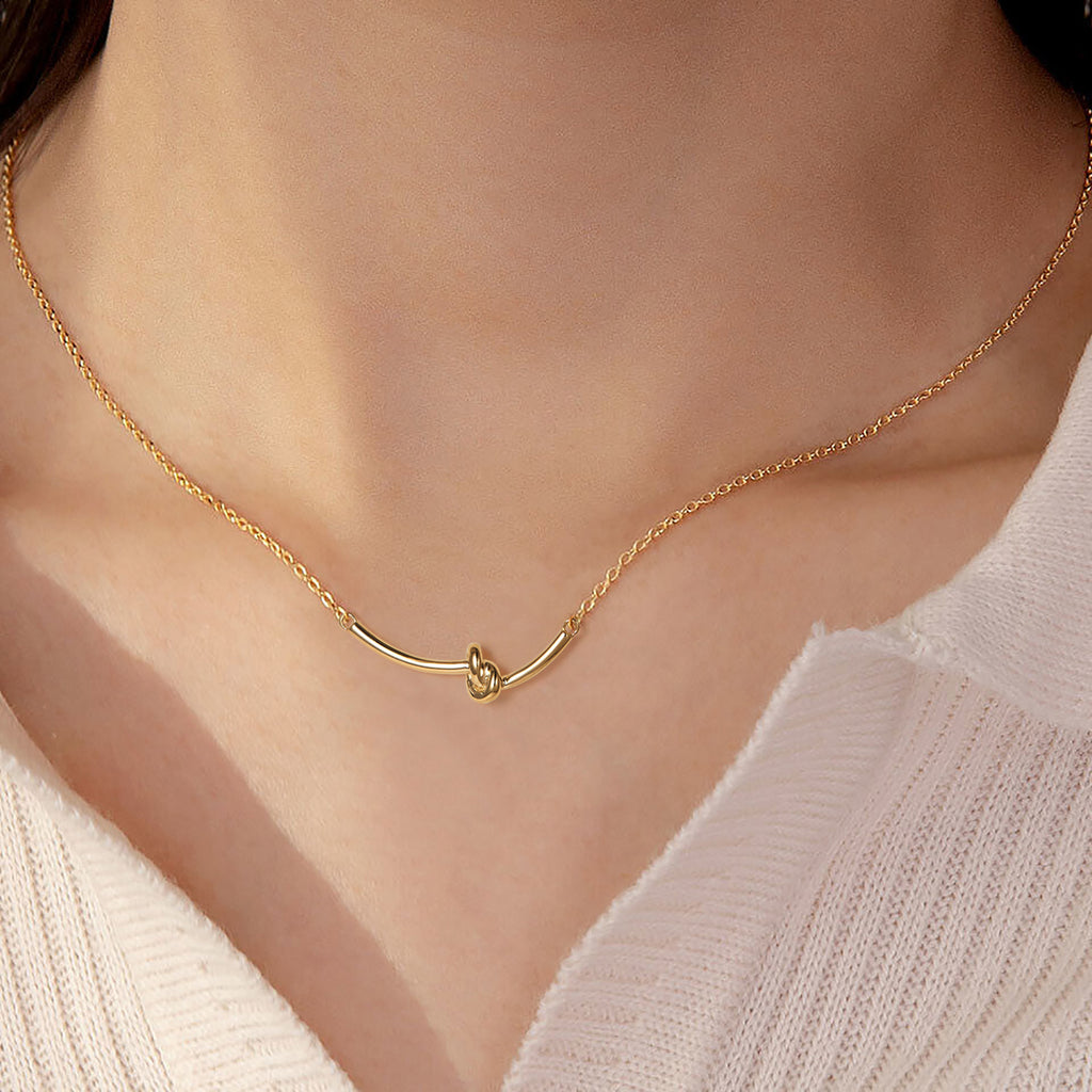 Love Knot Necklace 14K Gold Plated, Heart Knot Pendant Simple Style Cute Necklace