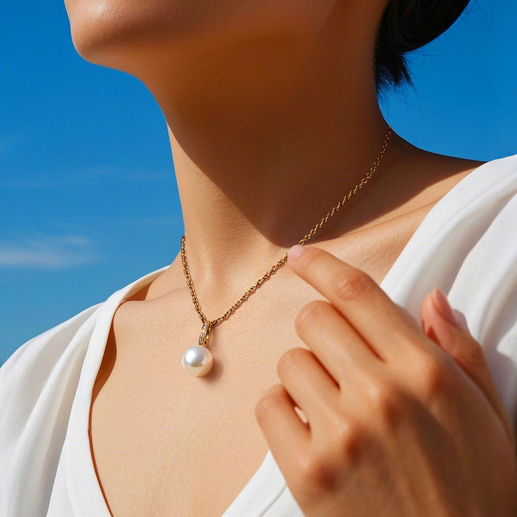 14K Solid Gold Pearl Necklace With Diamonds for Women 8mm Jewelry