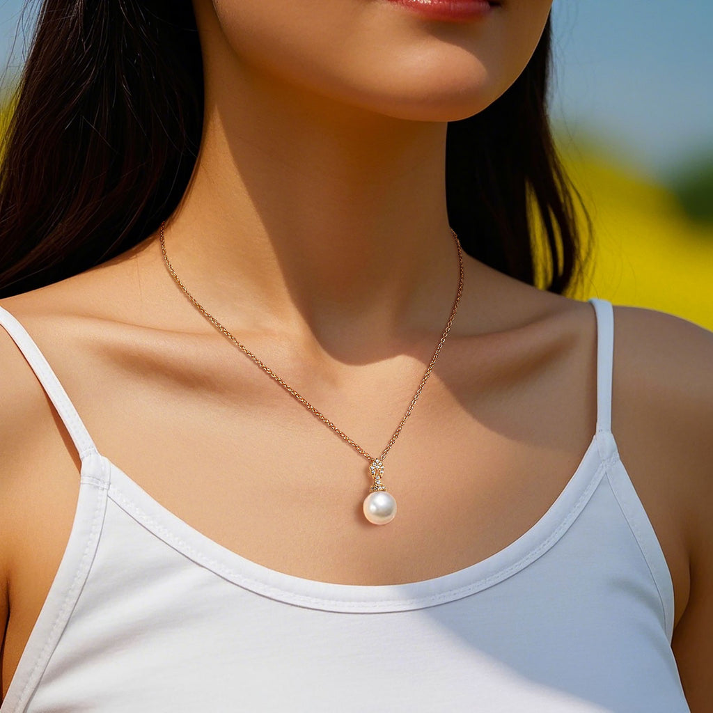 14K Solid Gold 8mm Freshwater Pearl With Diamonds Necklace Pendant
