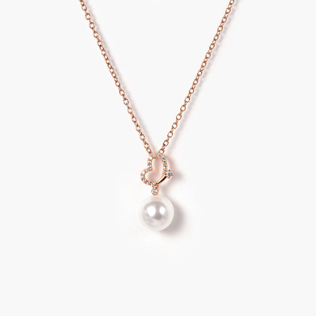 14K gold Heart Pearl Pendant With Diamonds Necklace