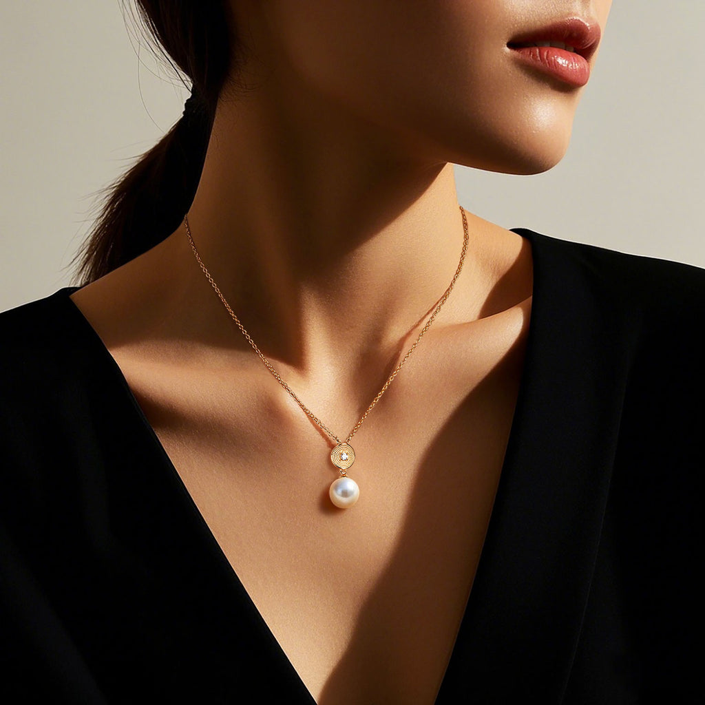 Natural Diamond Freshwater Pearl Pendant Round Necklace 8mm in 14K Solid Gold