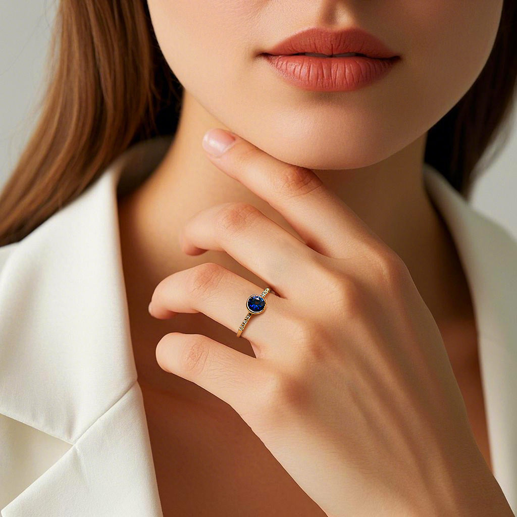 Round Blue Sapphire Engagement With Diamond Simple Vintage Ring