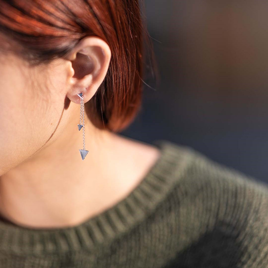 Two-Size Triangle Motif with stone Chain Dangling Earrings