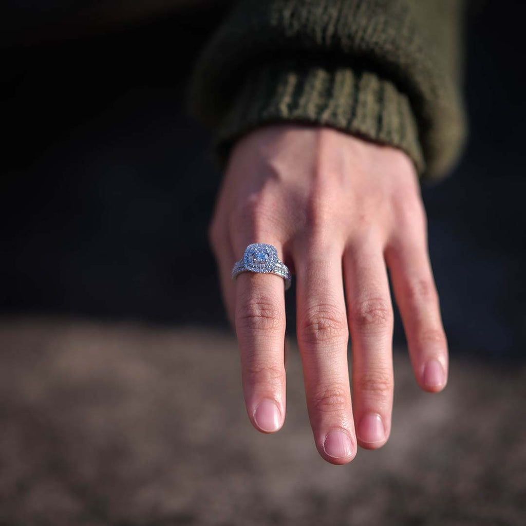 Square Double Halo Diamond Engagement Ring With Moissanite Diamond