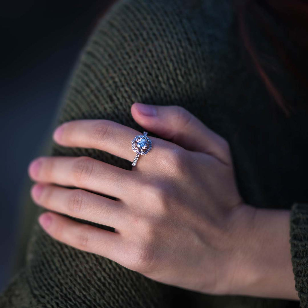 Floral Halo Engagement Ring With Moissanite Diamond