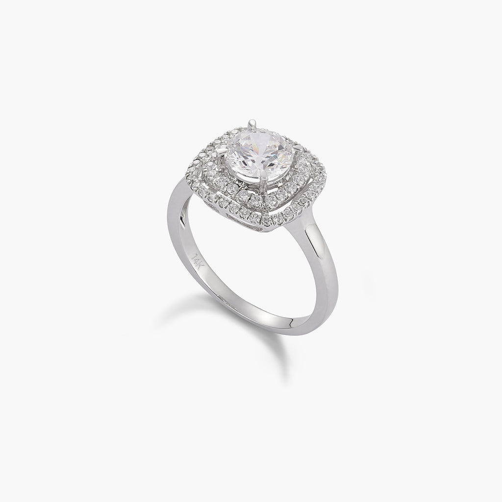 Square Double Halo Diamond Engagement Ring With Moissanite Diamond