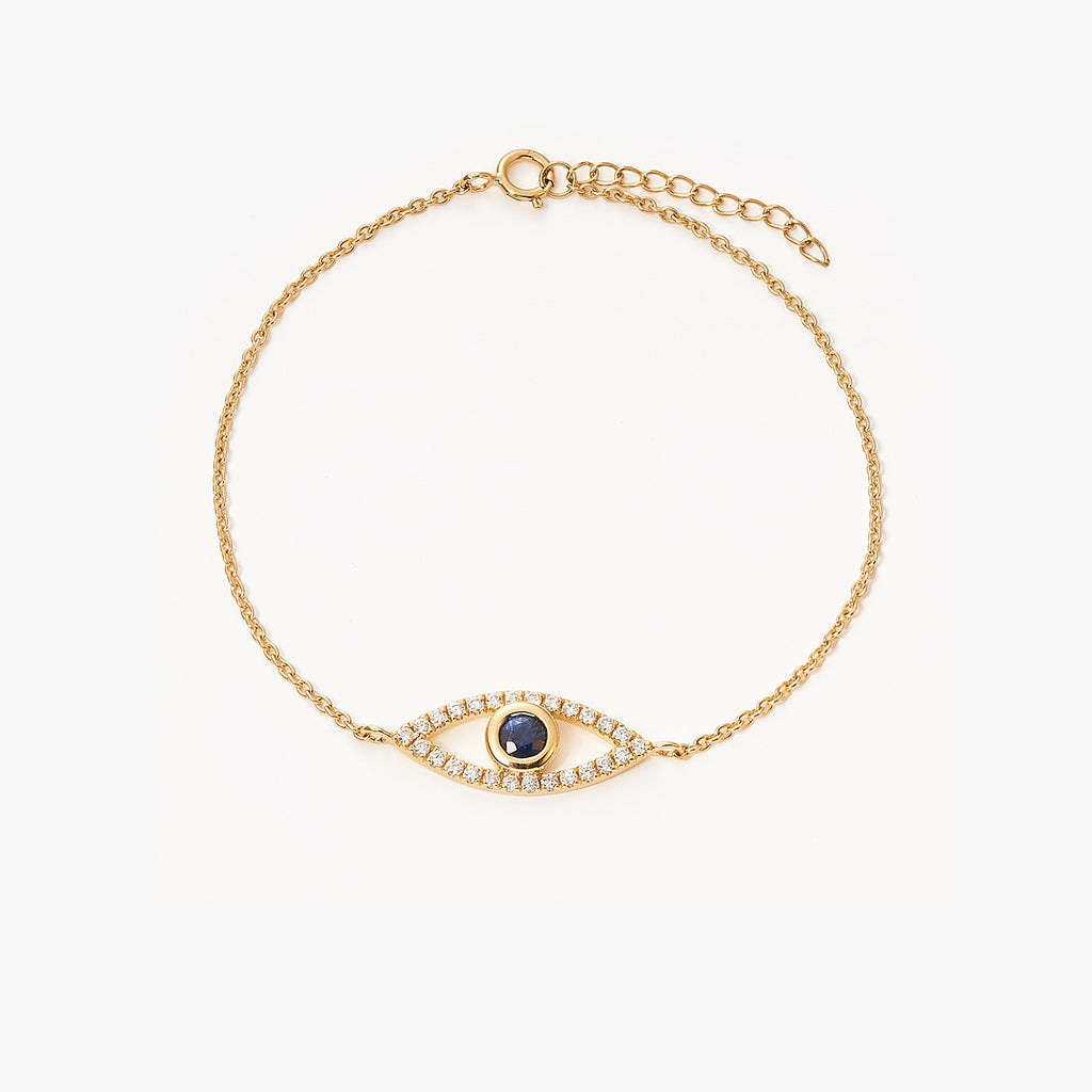 14K Gold Bezel-Set Evil Eye With Blue Sapphire And Diamonds Bracelet