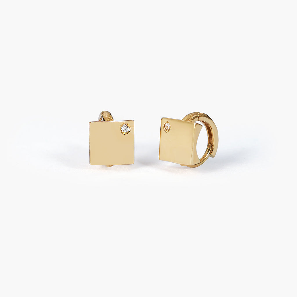 14K Yellow Gold Square Stud Earrings  with diamond