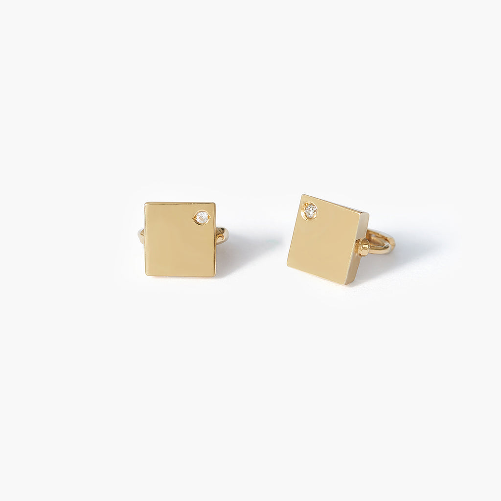 14K Yellow Gold Square Stud Earrings  with diamond