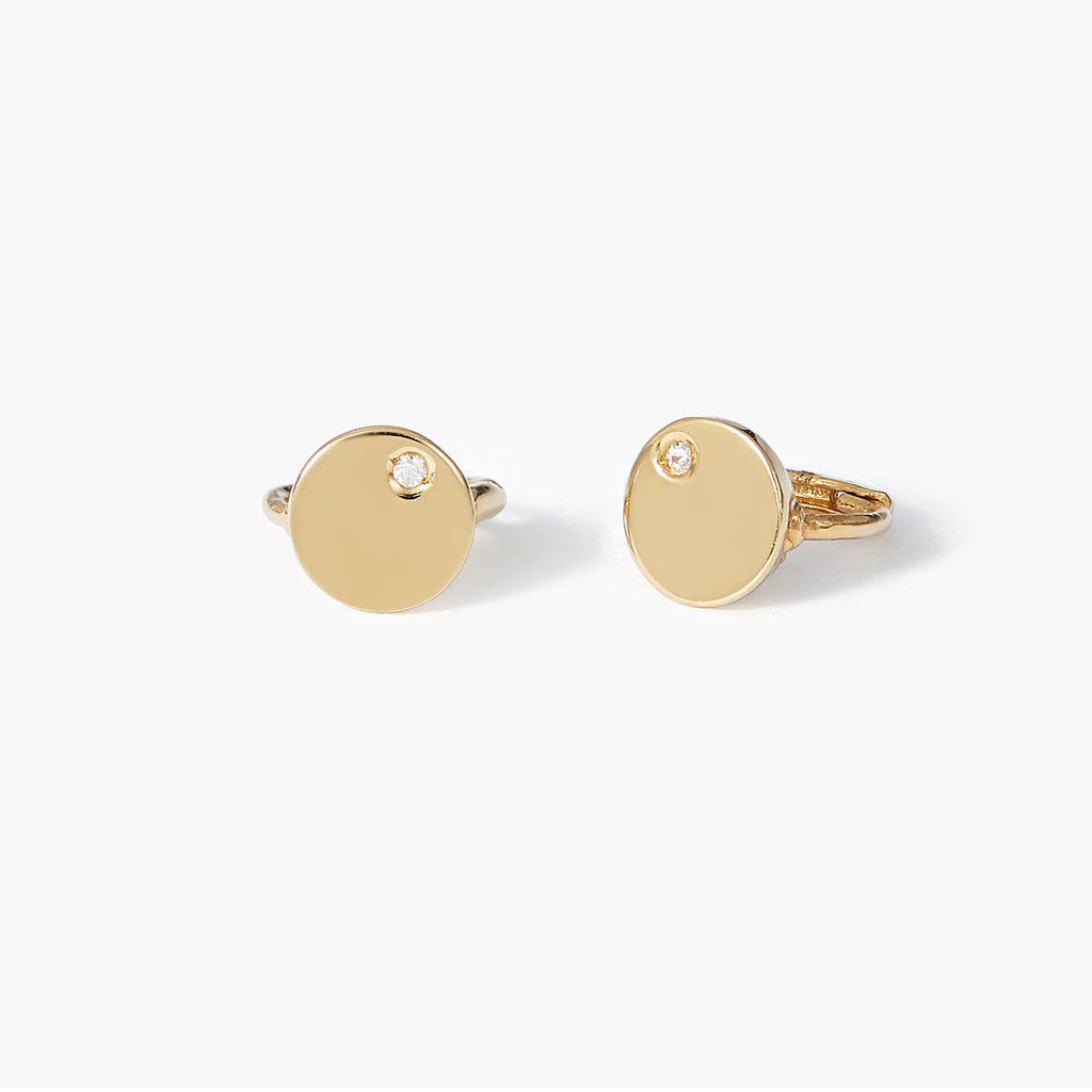 14K Solid Gold Disk Stud Earrings With Diamond