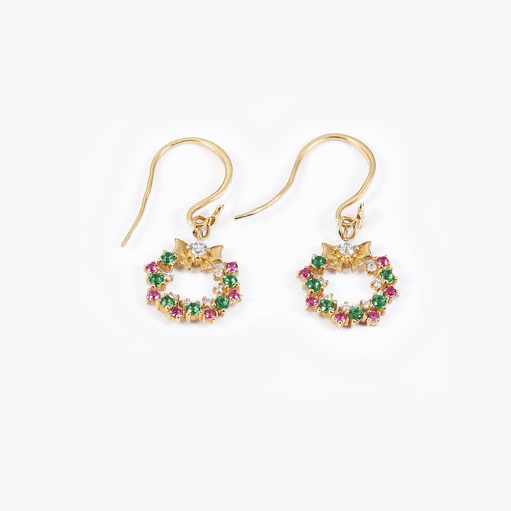 14K Solid Gold Holiday Wreath Earring