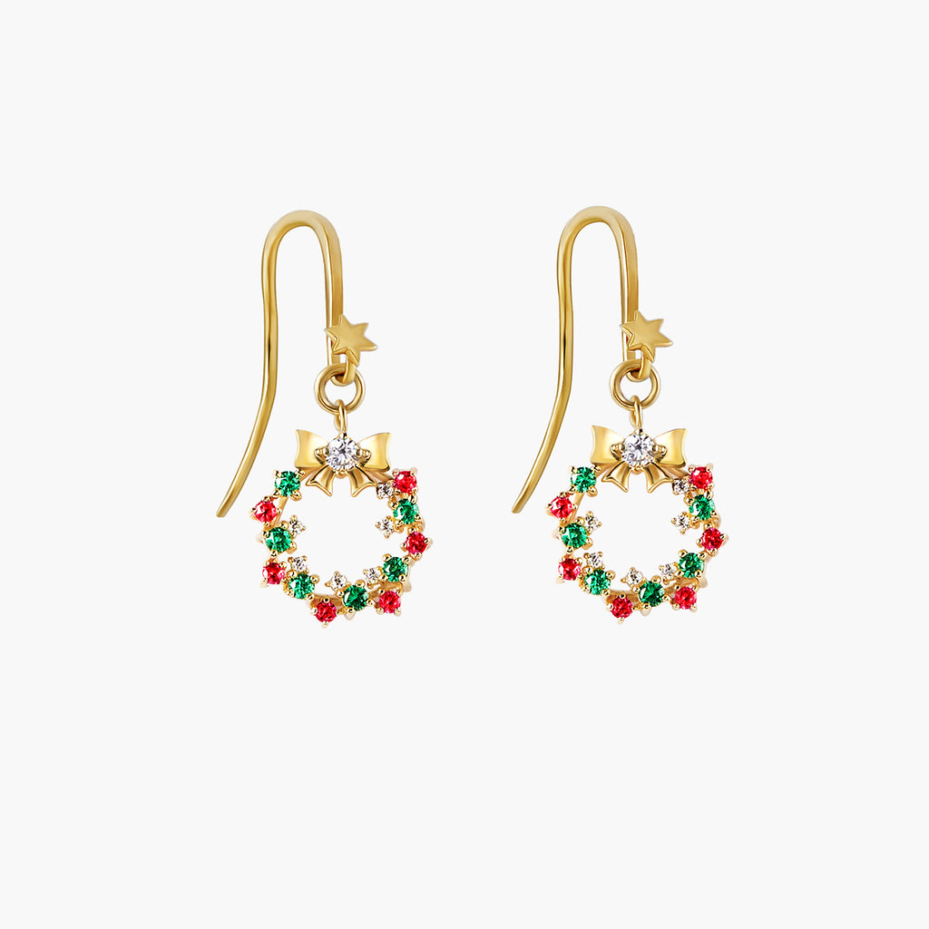 14K Solid Gold Holiday Wreath Earring