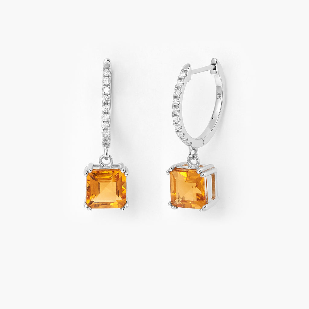 Square Yellow Citrine & Diamond Halo Drop Earring