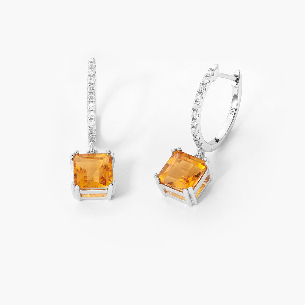 Square Yellow Citrine & Diamond Halo Drop Earring