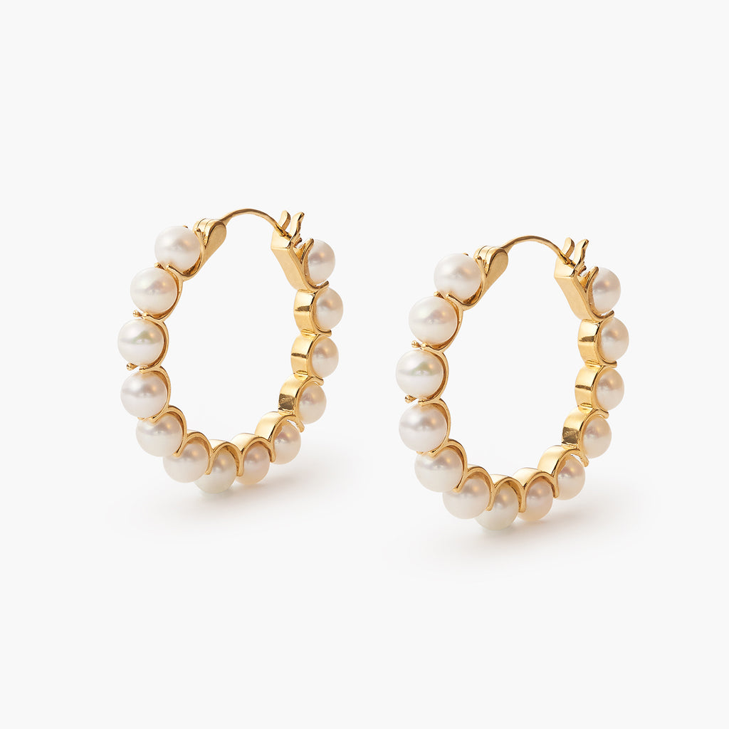 14K Gold White Baby Akoya Pearl Unique Hoop Huggie Earrings