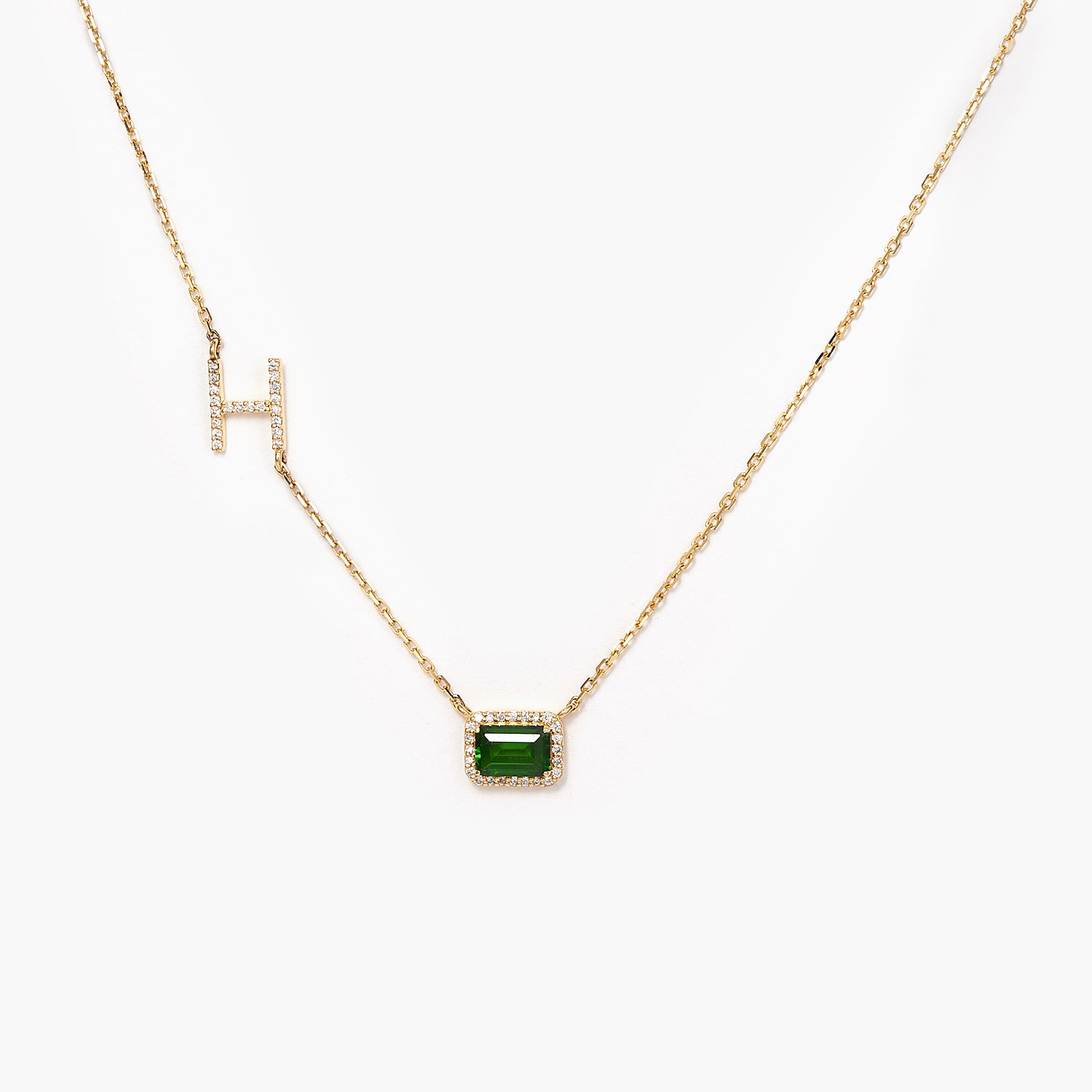 Fashion Dainty Diamond Inlaid Personalized Letters 4x6 Emeralds With Diamonds And Birthstone Initial Necklace
