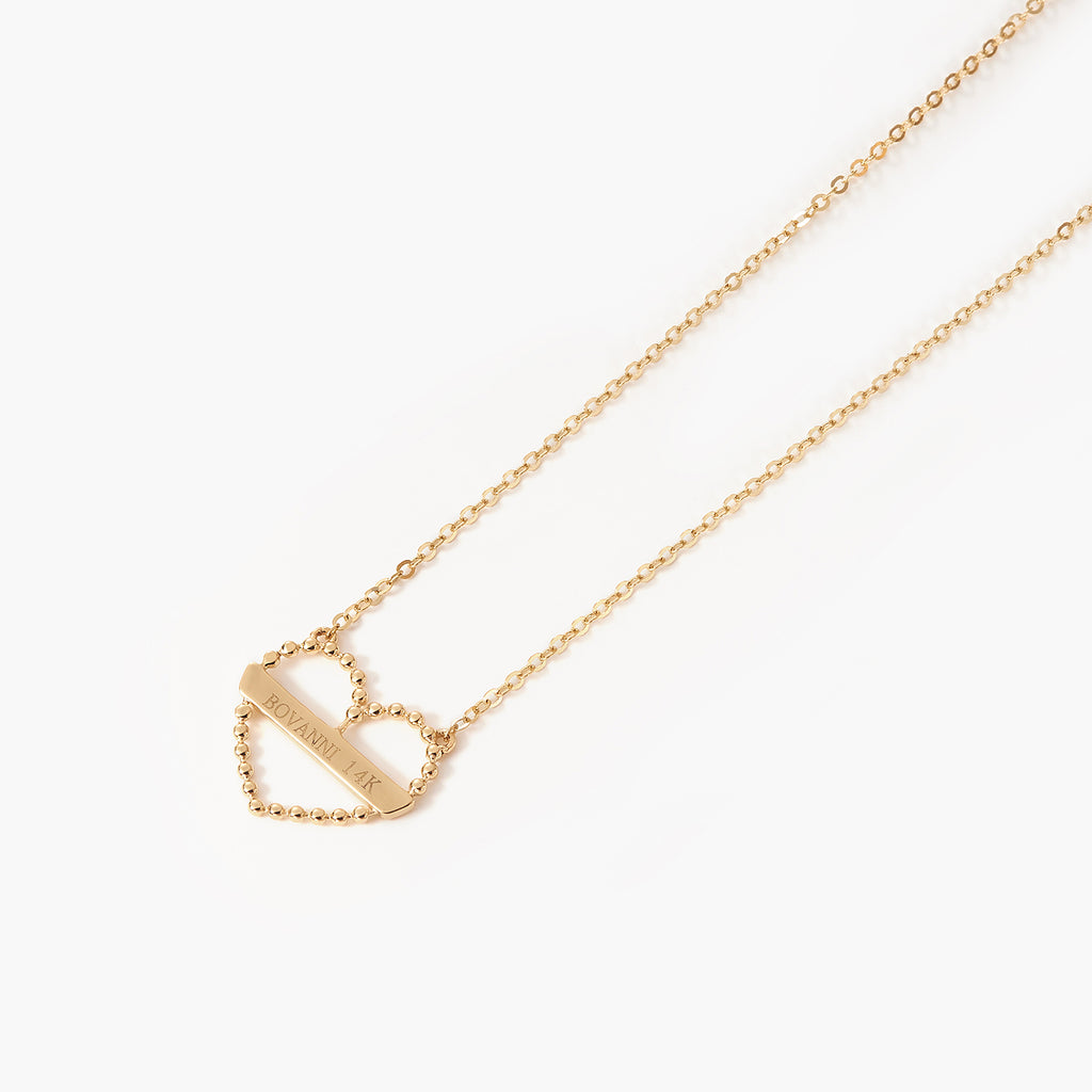 Minimalist Initial Hollow Out Beaded Heart 14K Solid Gold Necklace