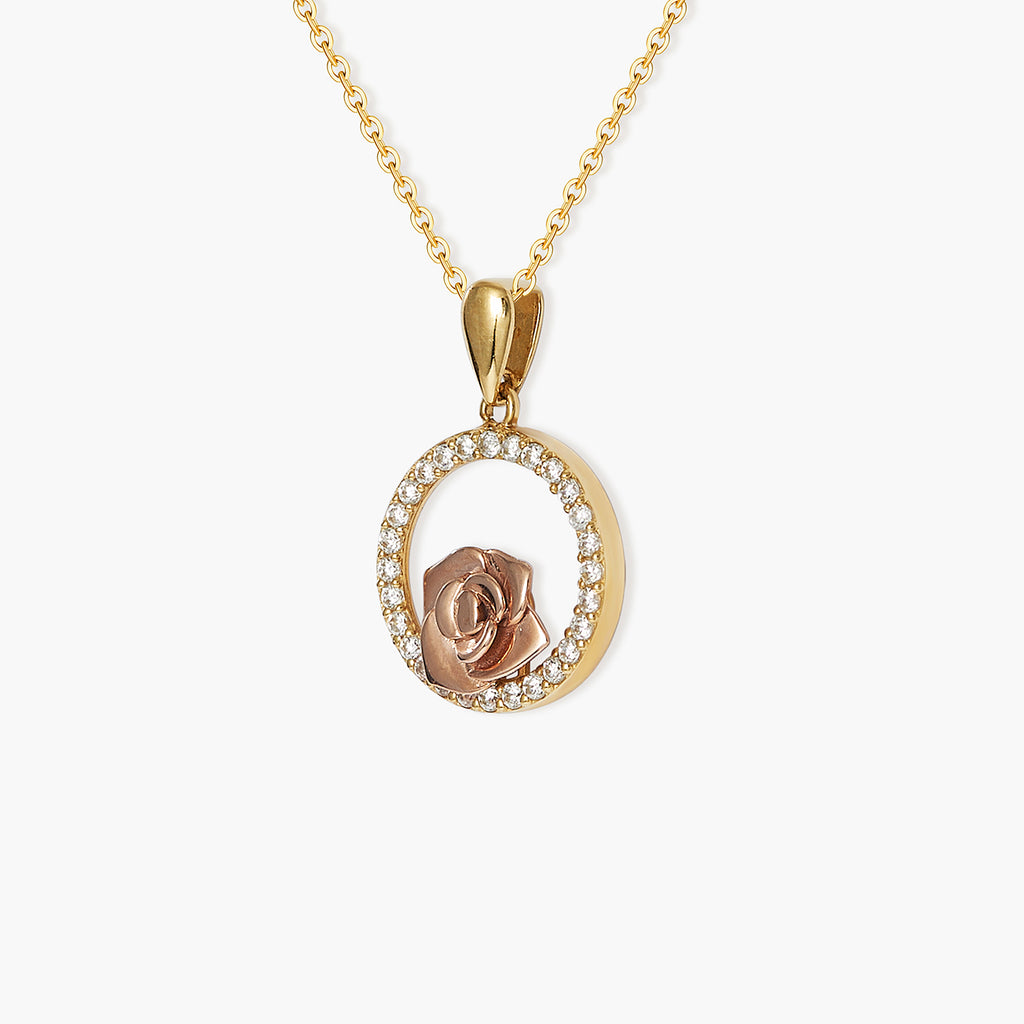 14K Solid Gold Diamond Rose Pendant Chain Necklace