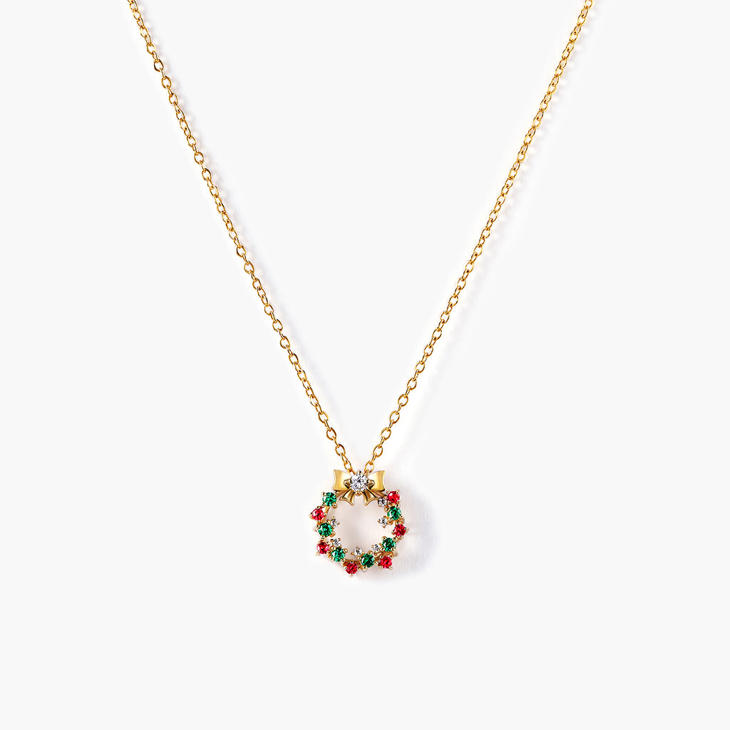 14K Solid Gold Holiday Wreath Pendant Chain Necklace