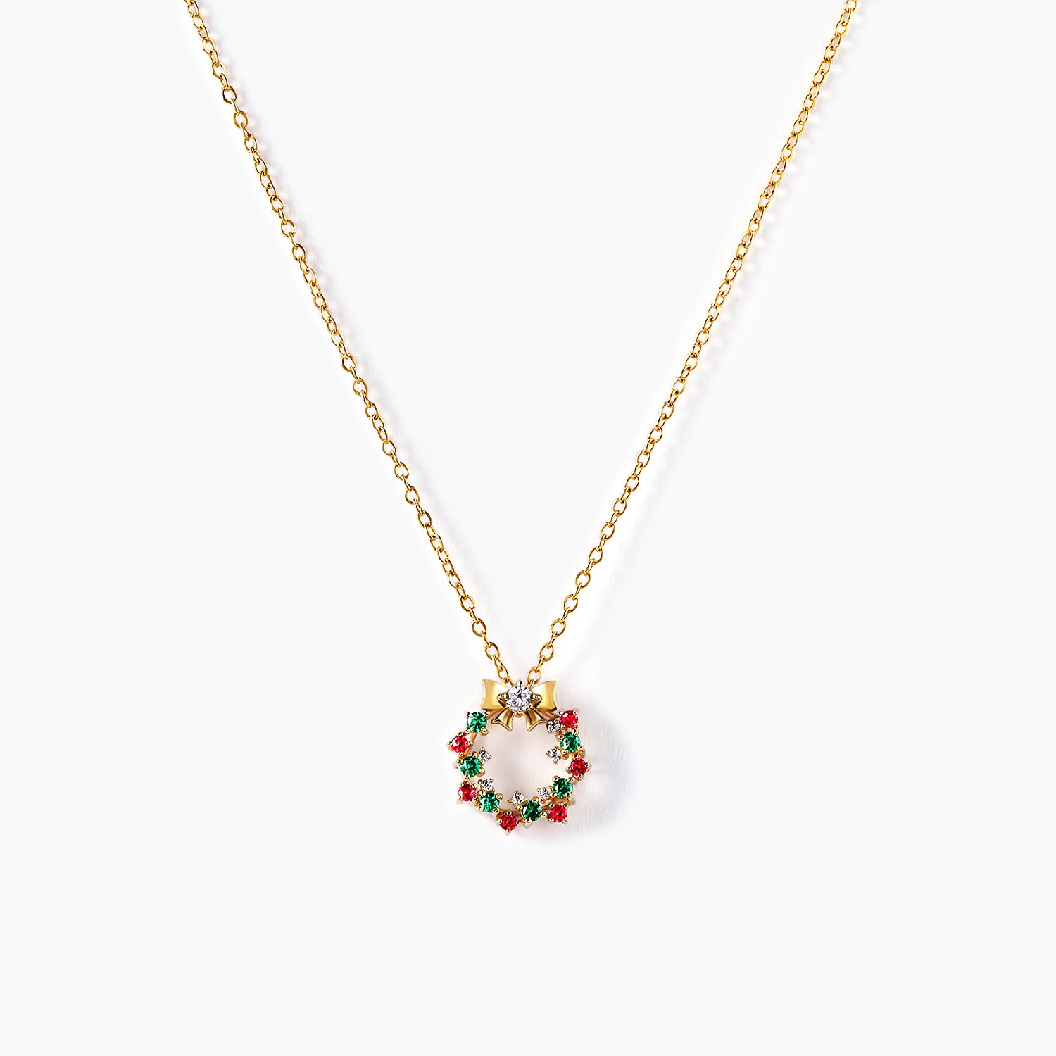 14K Solid Gold Holiday Wreath Pendant Chain Necklace