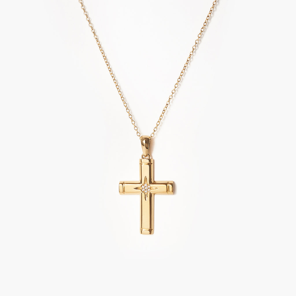 Cross Star With Diamond Beveled Cross Pendant Necklace