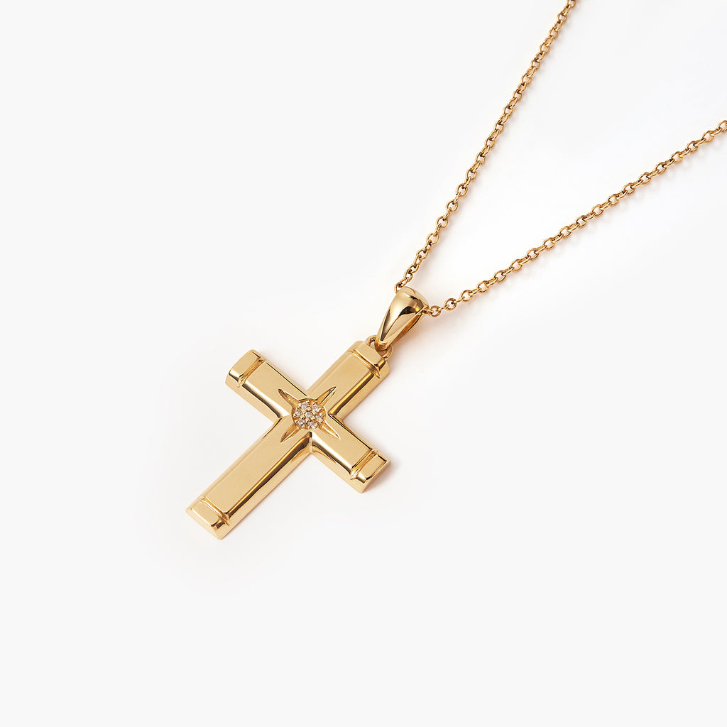 Cross Star With Diamond Beveled Cross Pendant Necklace