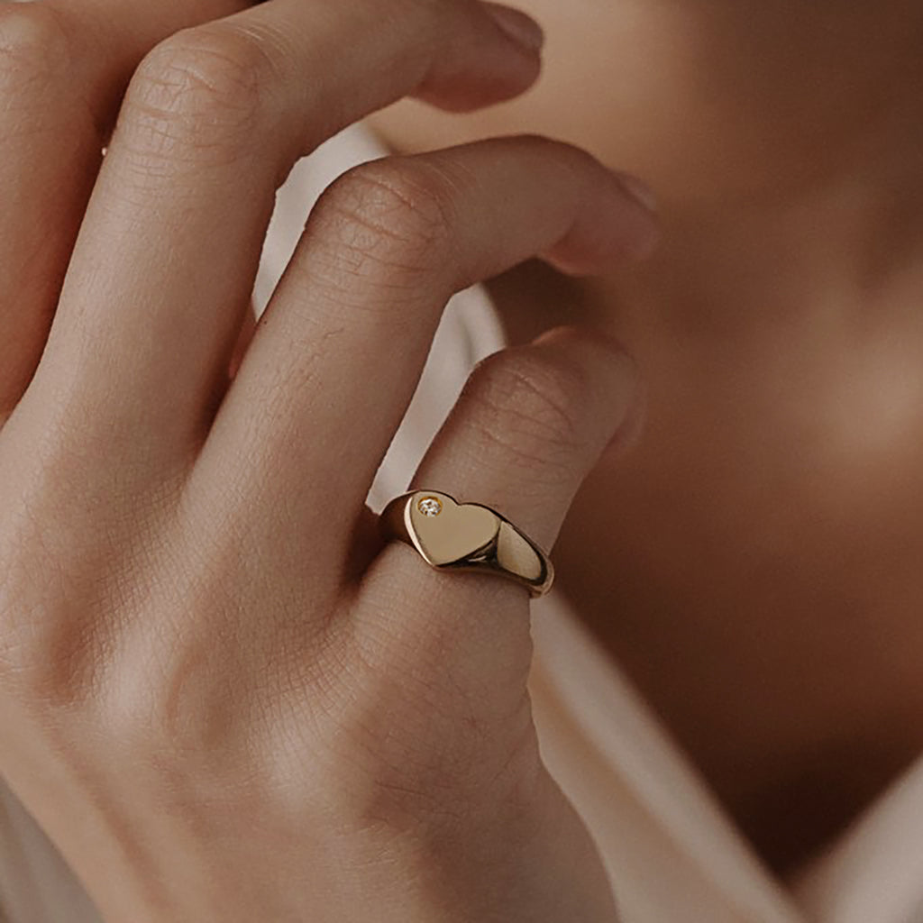 Single Diamond Heart Signet Ring
