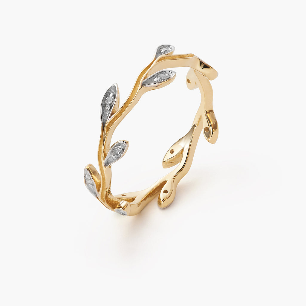 14K solid gold olive leaf diamond ring delicate diamond twig stacking ring