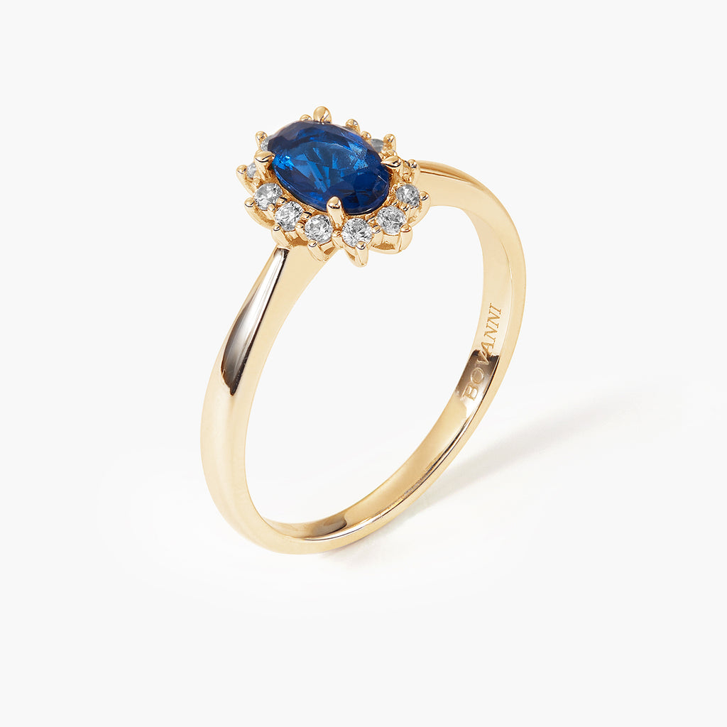Blue Sapphire & Diamond Engagement girl Halo Ring 14k Yellow Gold