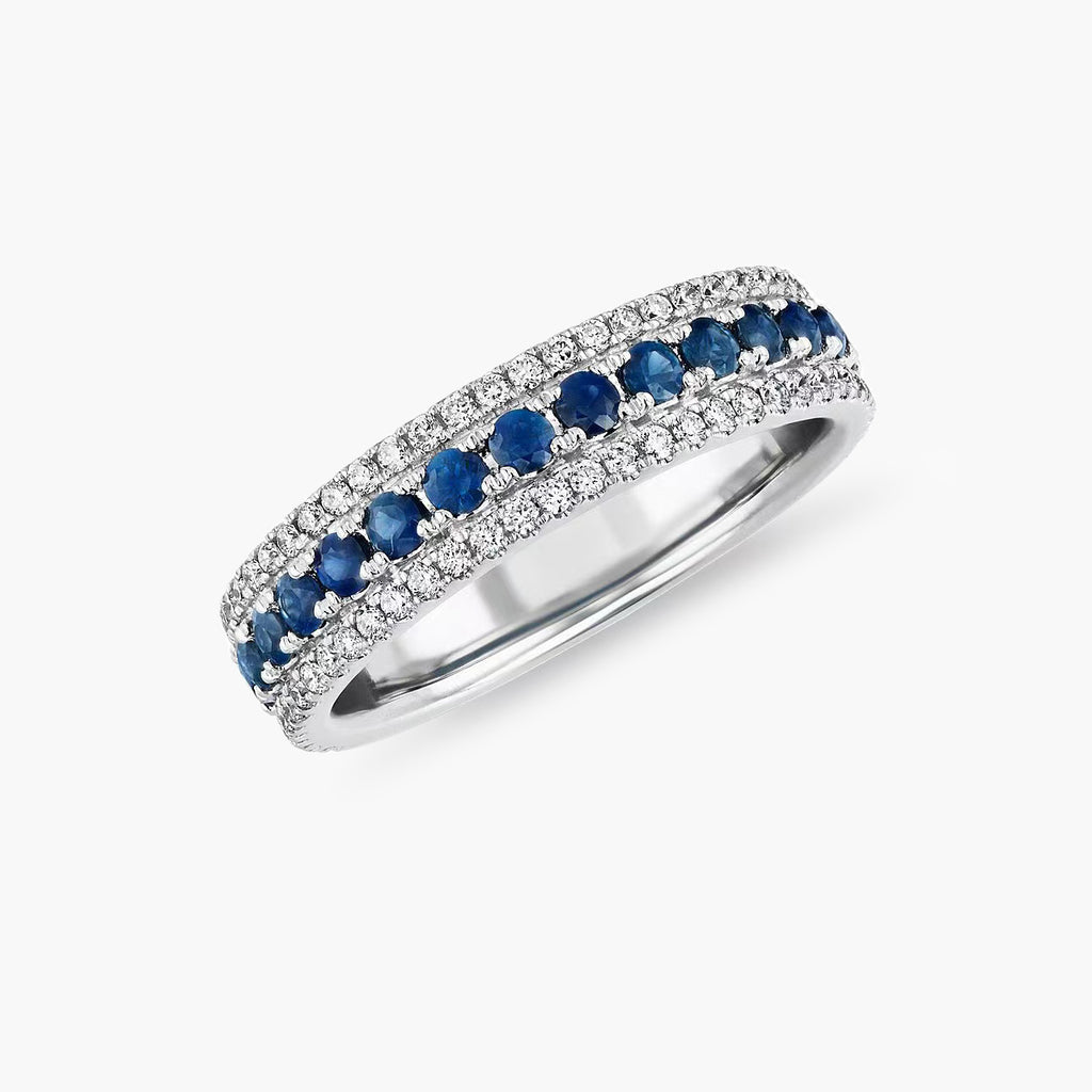 14K Triple Row Sapphire and Diamond Ring