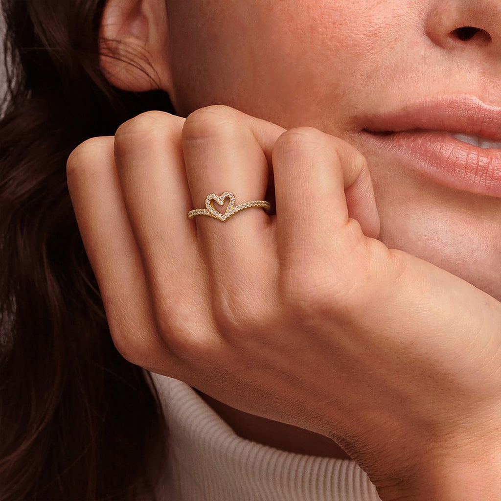 Solid Gold Sparkling Wishbone Heart Ring With Diamond
