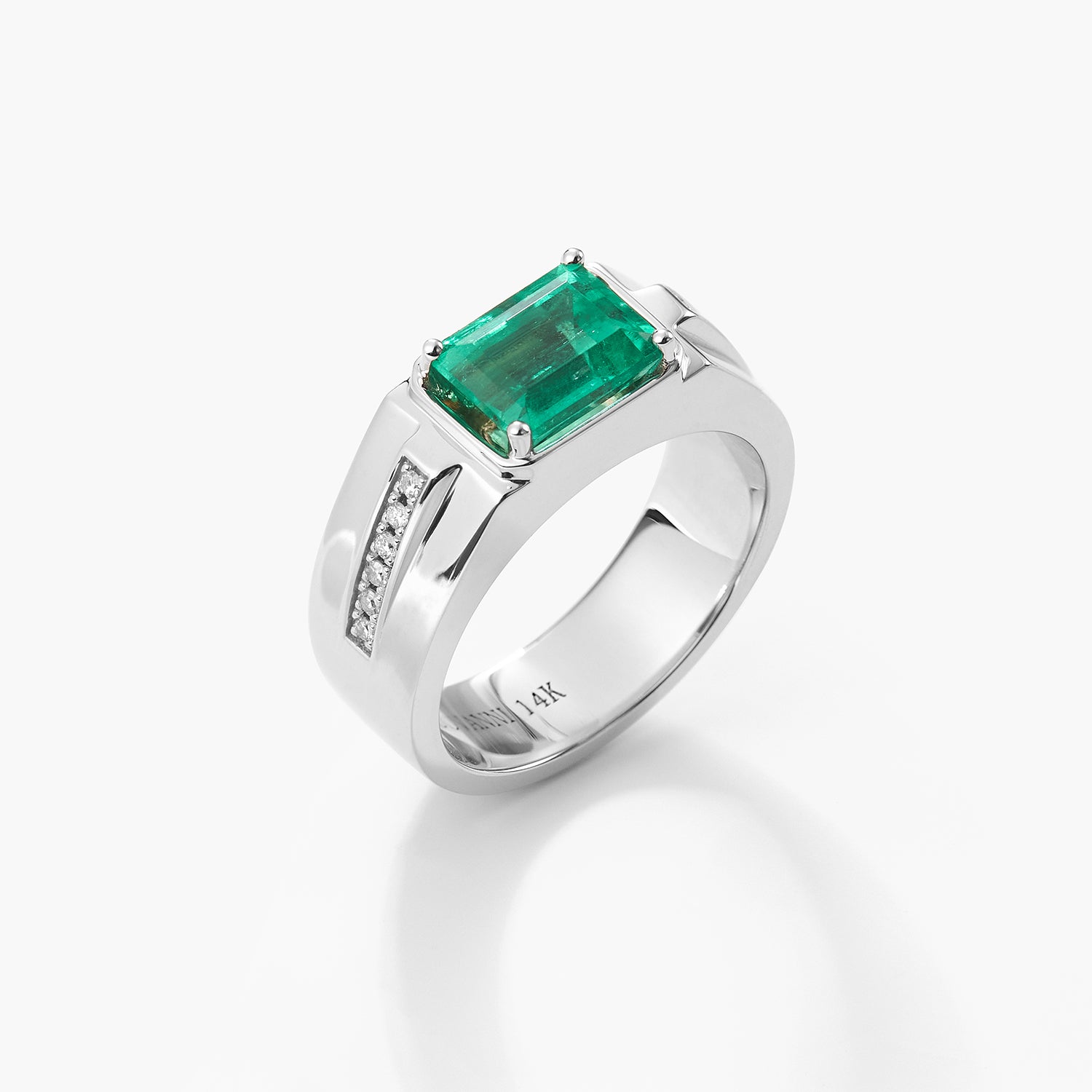 Emerald-cut Natural Emerald and Diamond Man's Ring in 14k Yellow Gold