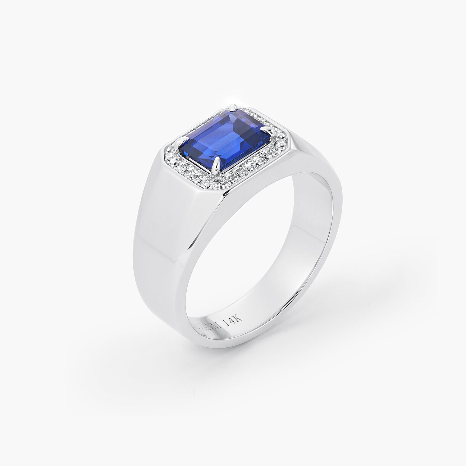 Emerald Blue Sapphire & Diamond Engagement Man's Halo Ring 14k Yellow Gold