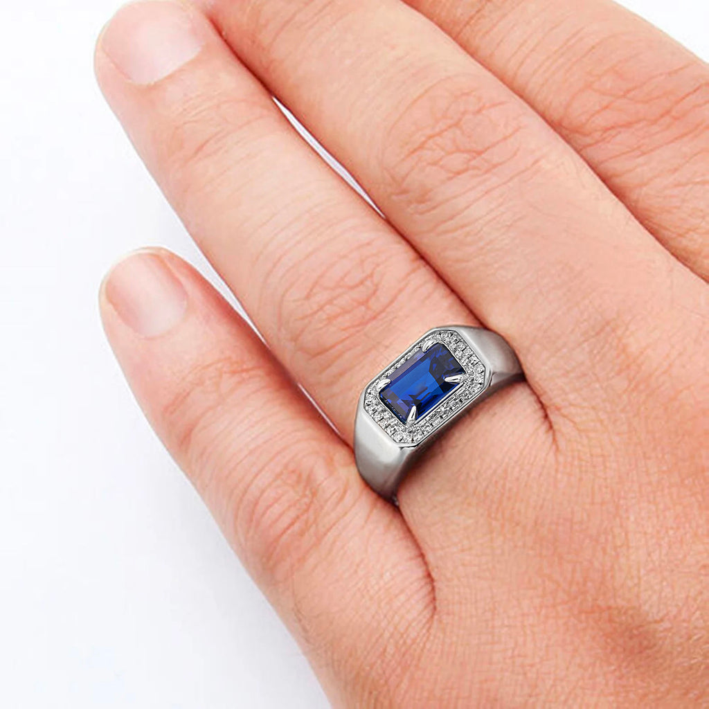 Emerald Blue Sapphire & Diamond Engagement Man's Halo Ring 14k Yellow Gold