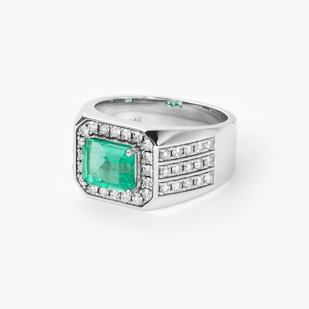 Modern Princess Cut Emerald-cut Natural Emerald With Diamond Men's Ring