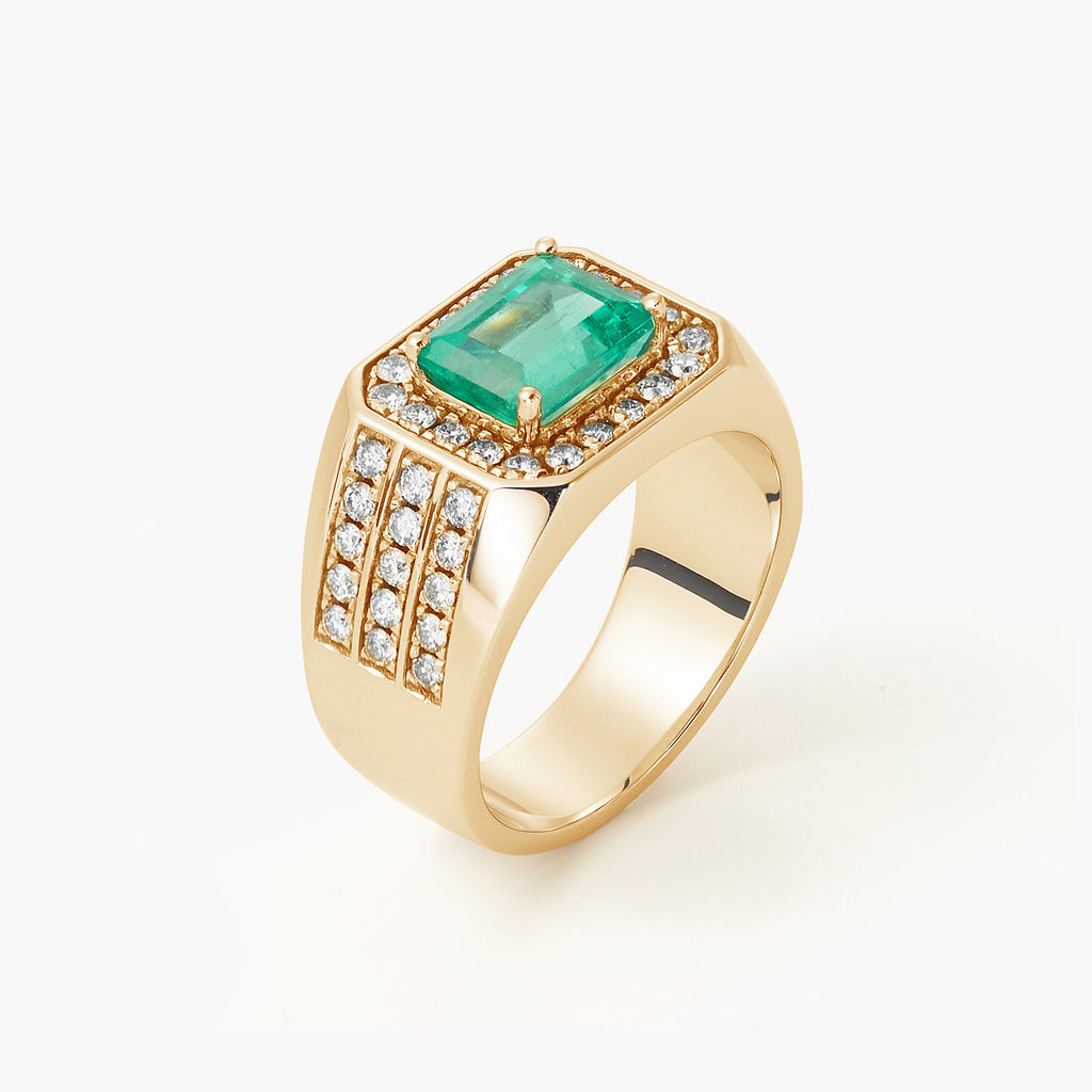 Modern Princess Cut Emerald-cut Natural Emerald With Diamond Men's Ring