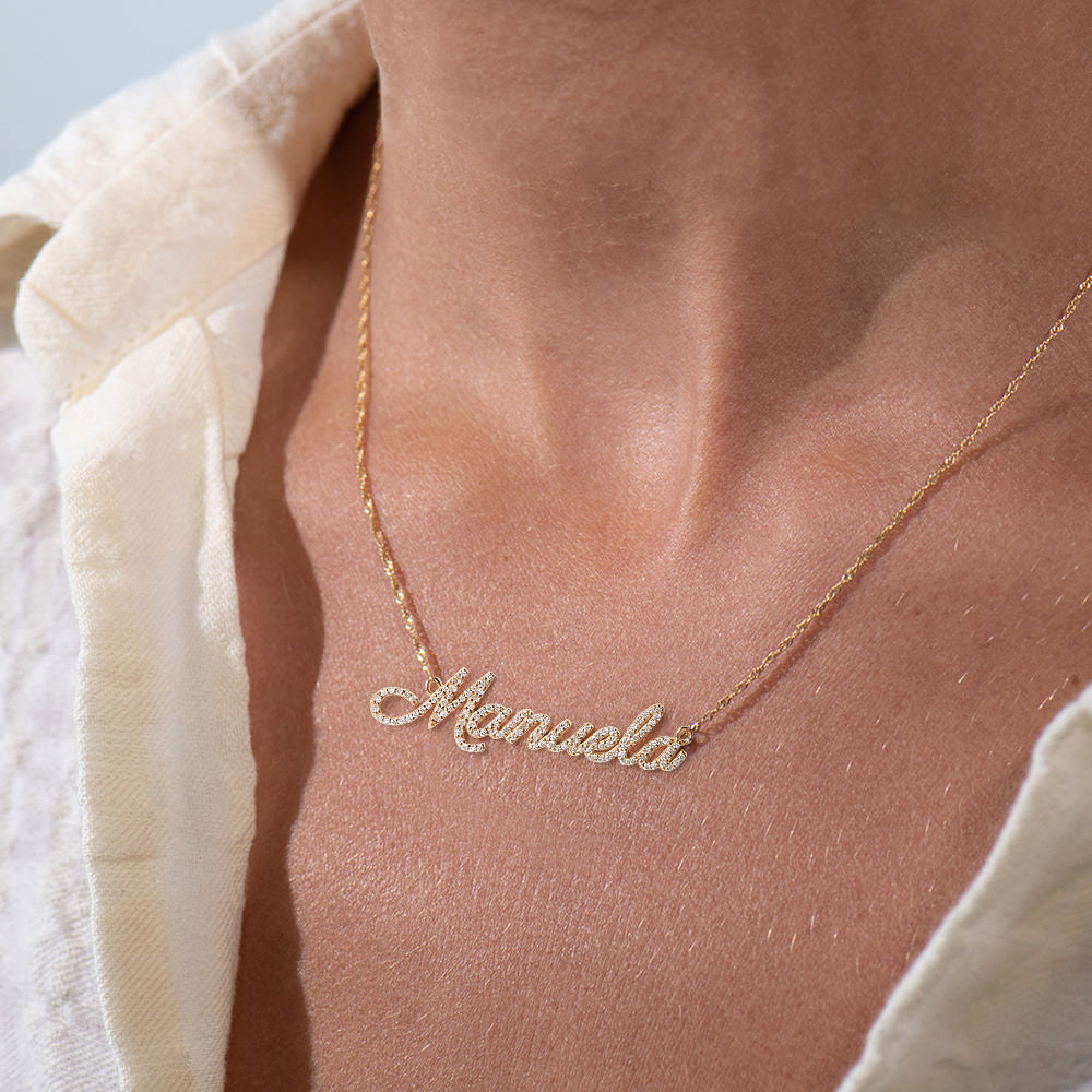 Fairy Name Necklace Ladies Full Diamond Script Gold Name